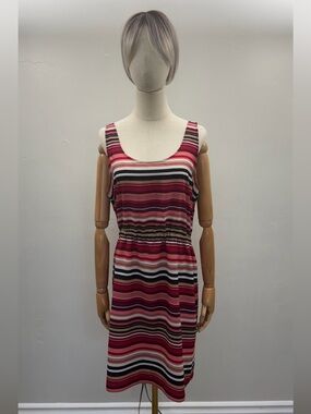 LOFT Striped Pink, Black & White Elastic-Waist Sleeveless Dress Size 12